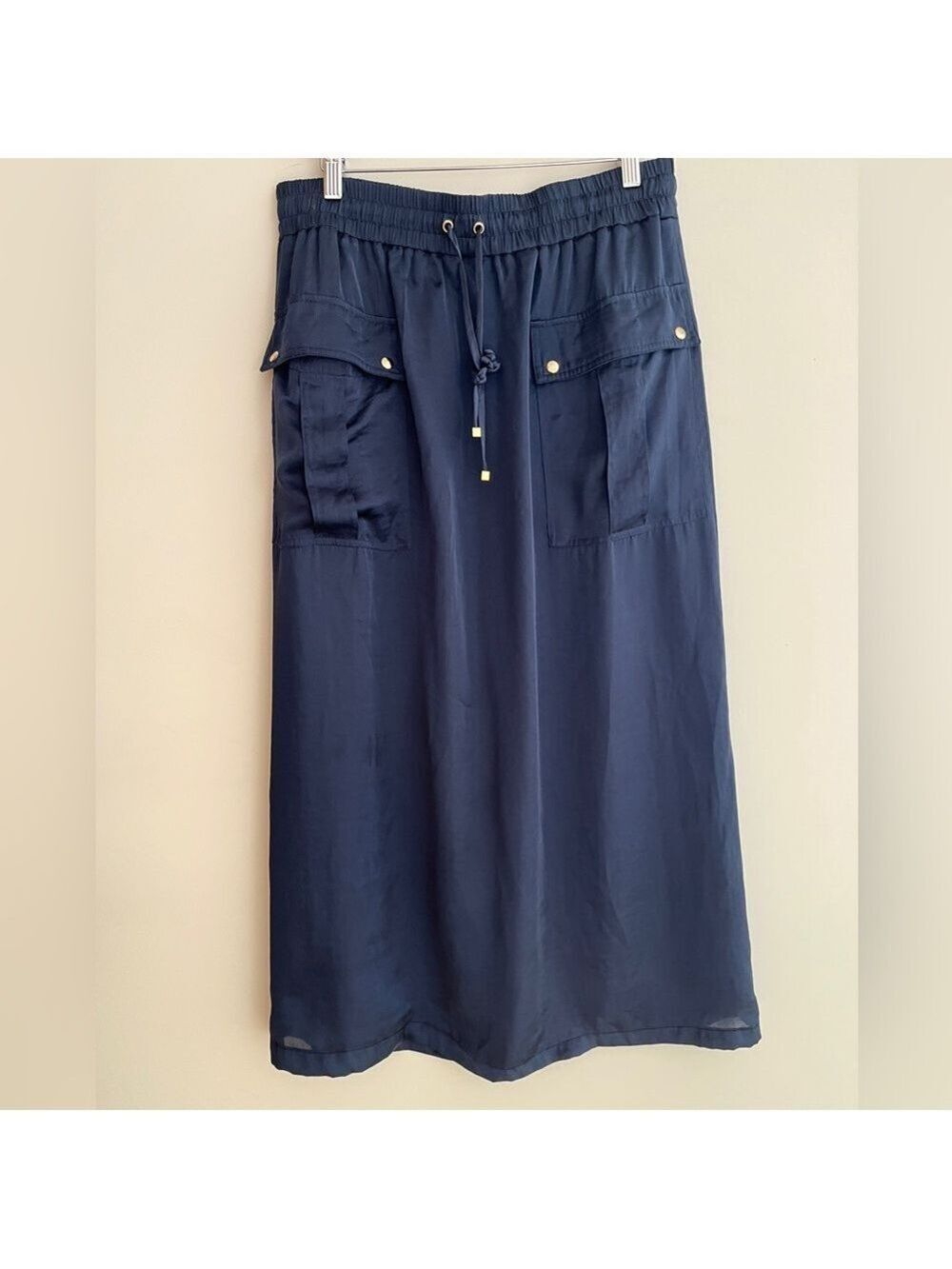 MAXI SKIRT Lightweight Navy Pull On Elastic Waist Pockets Nautical Travel Flowy
